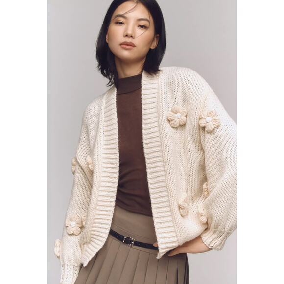 nwt by ANTHROPOLOGIE One Size Susannah 3D Floral Cardigan Sweater in cream - Picture 1 of 5